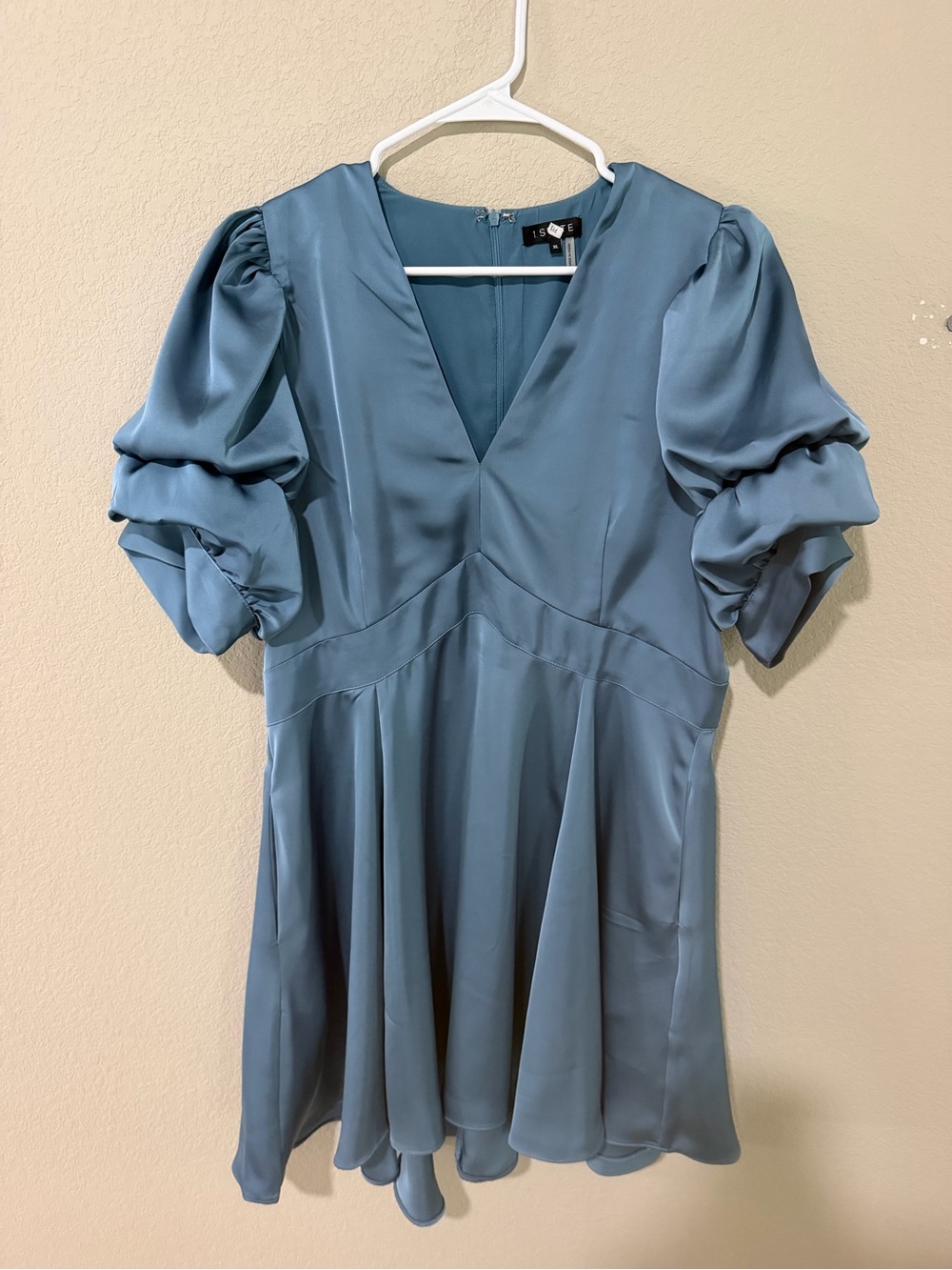 1. State Dusty Blue V-Neck Puff-Sleeve Mini Dress
